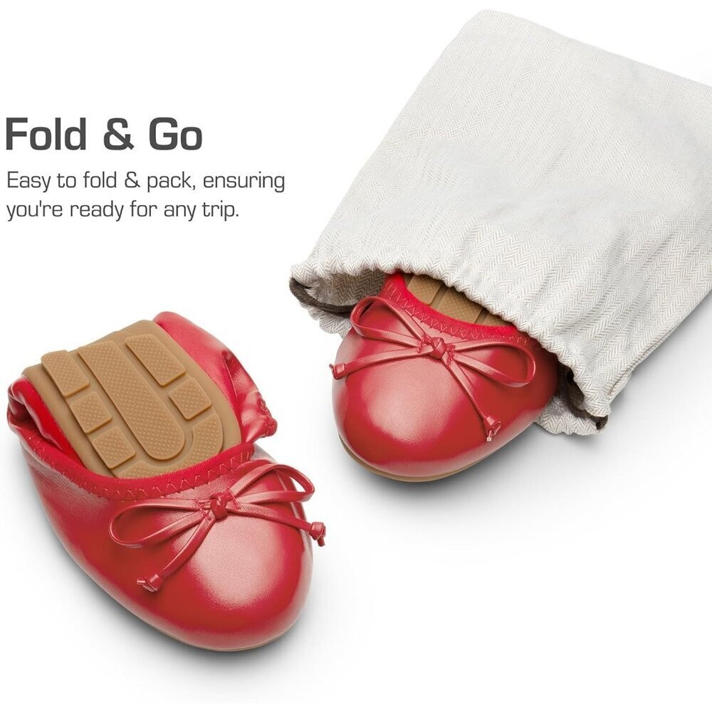 Women's Red Bowknot Round Toe Comfort Light Weight Slip-on Foldable Flats - Picture 4 of 9